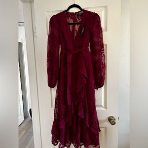 Lulu’s Spectacular Feeling Burgundy Embroidered Faux Wrap Midi Dress